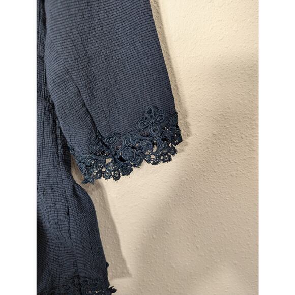 Hidden Alley BOHO Top Blue/Dark Gray Crochet Trim Detail 3/4 Sleeve Size S - Picture 8 of 10